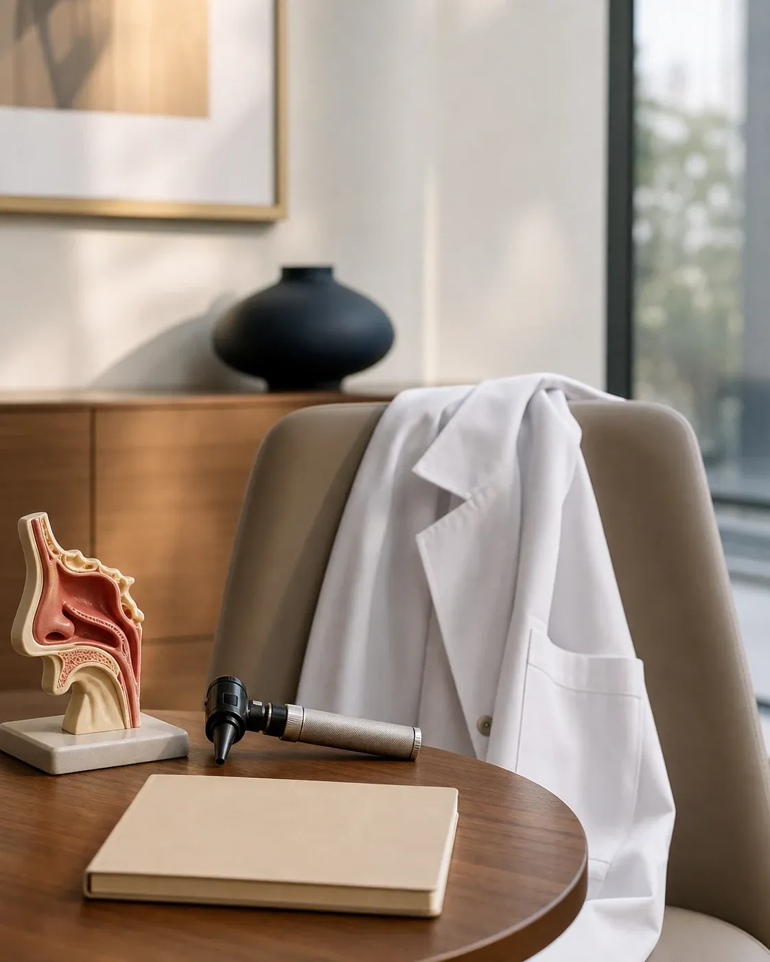 Illustrative editorial image: consultation workspace with an anatomy model