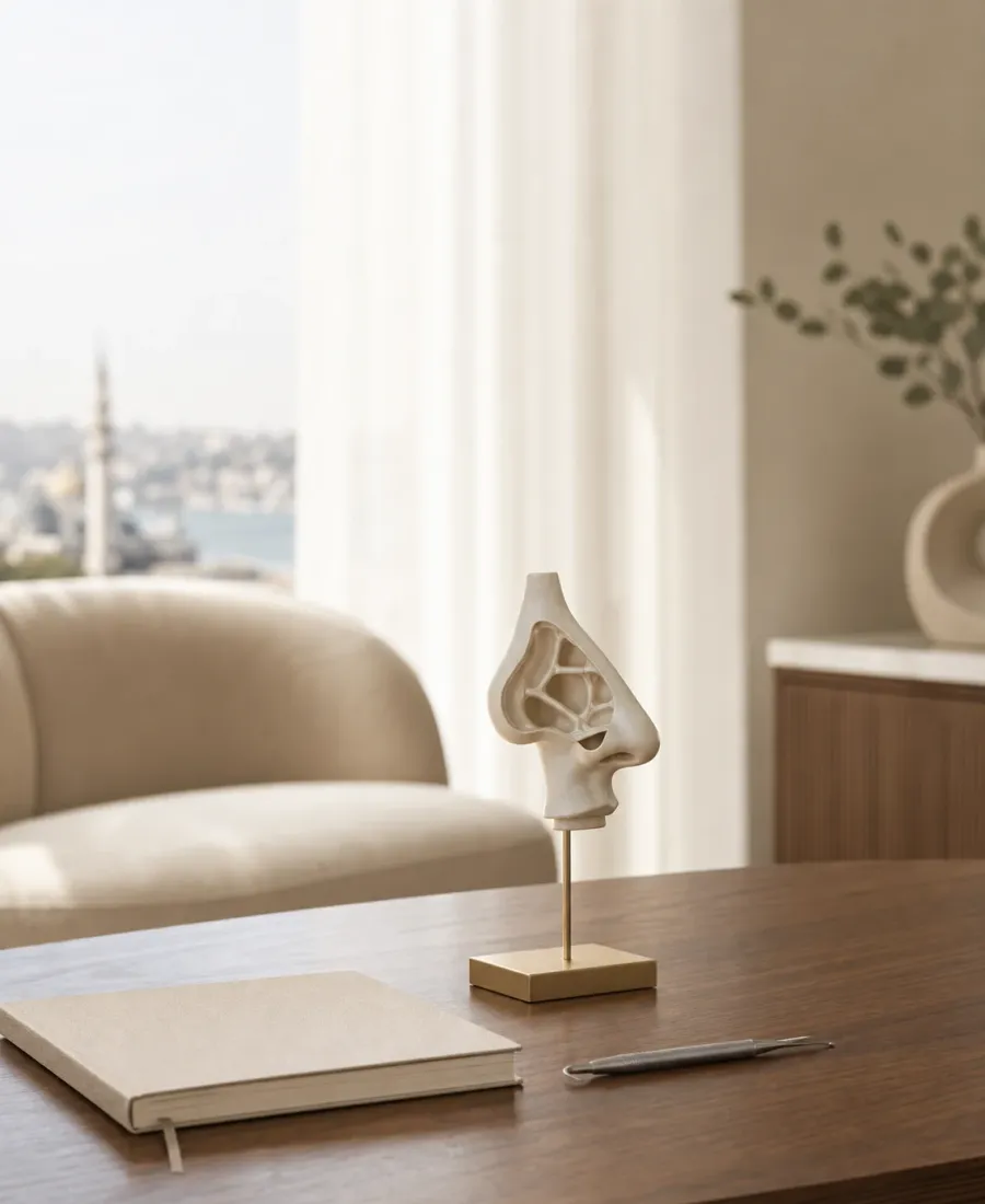 Illustrative editorial image: consultation scene with a nasal anatomy model