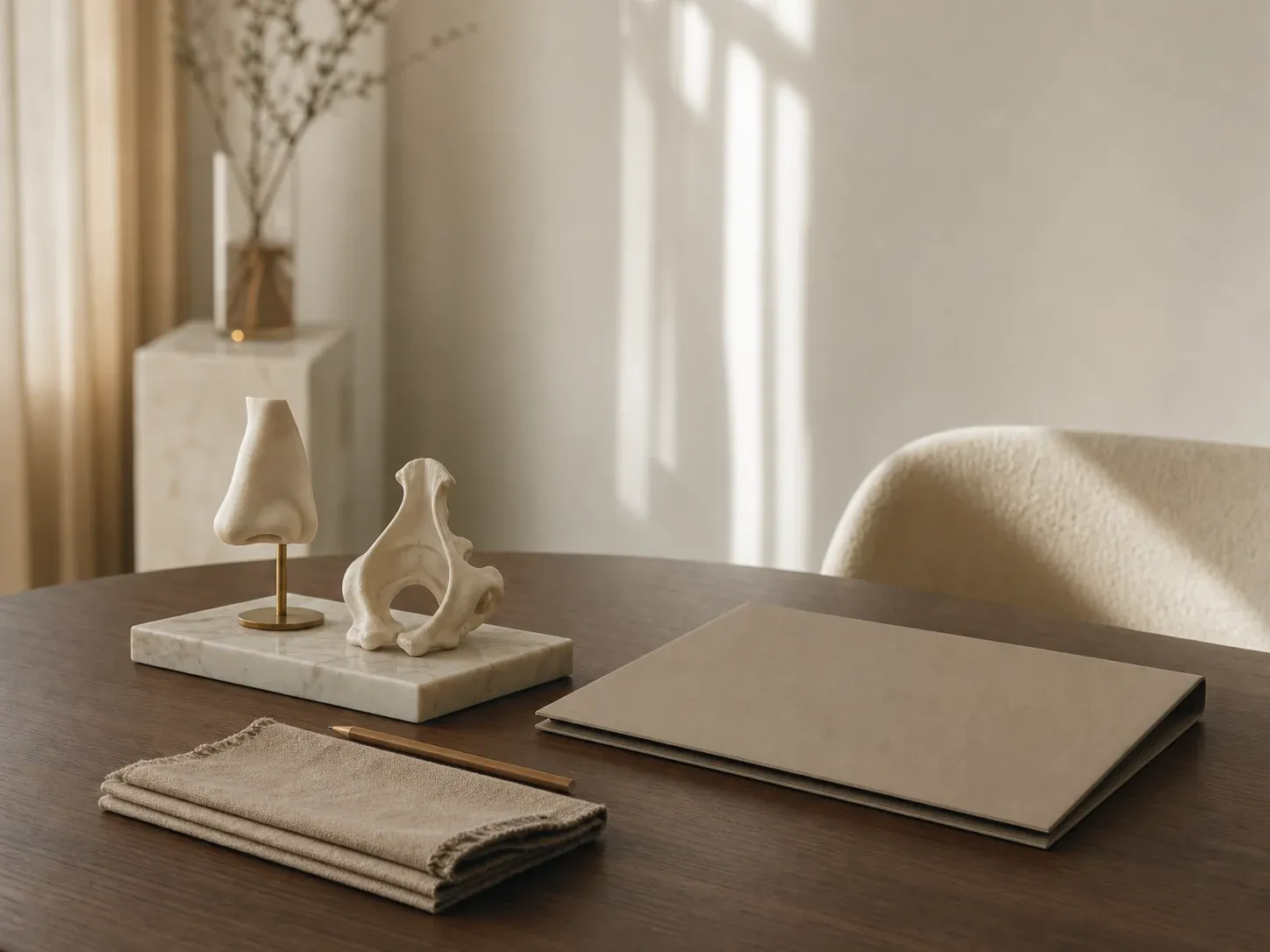 Illustrative editorial image: still life with nasal models on a consultation table