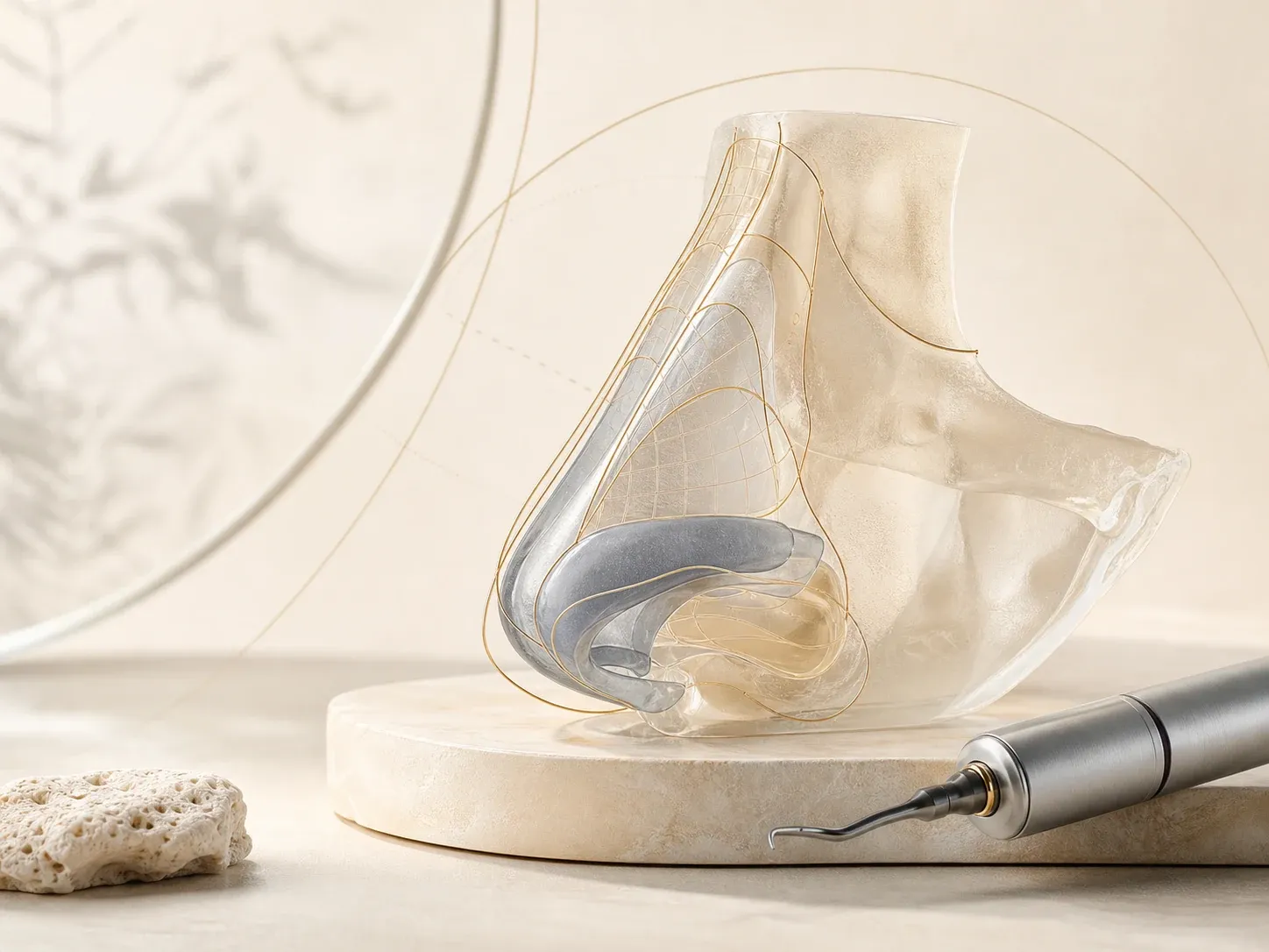 Illustrative editorial image: personalized rhinoplasty anatomy model with gold guide lines